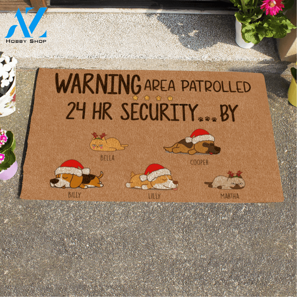 Xmas Sleeping Dog And Lazy Cat , Warning Area Patrolled 24 Hr Security ... By Personalized Doormat Gift For Christmas HQ