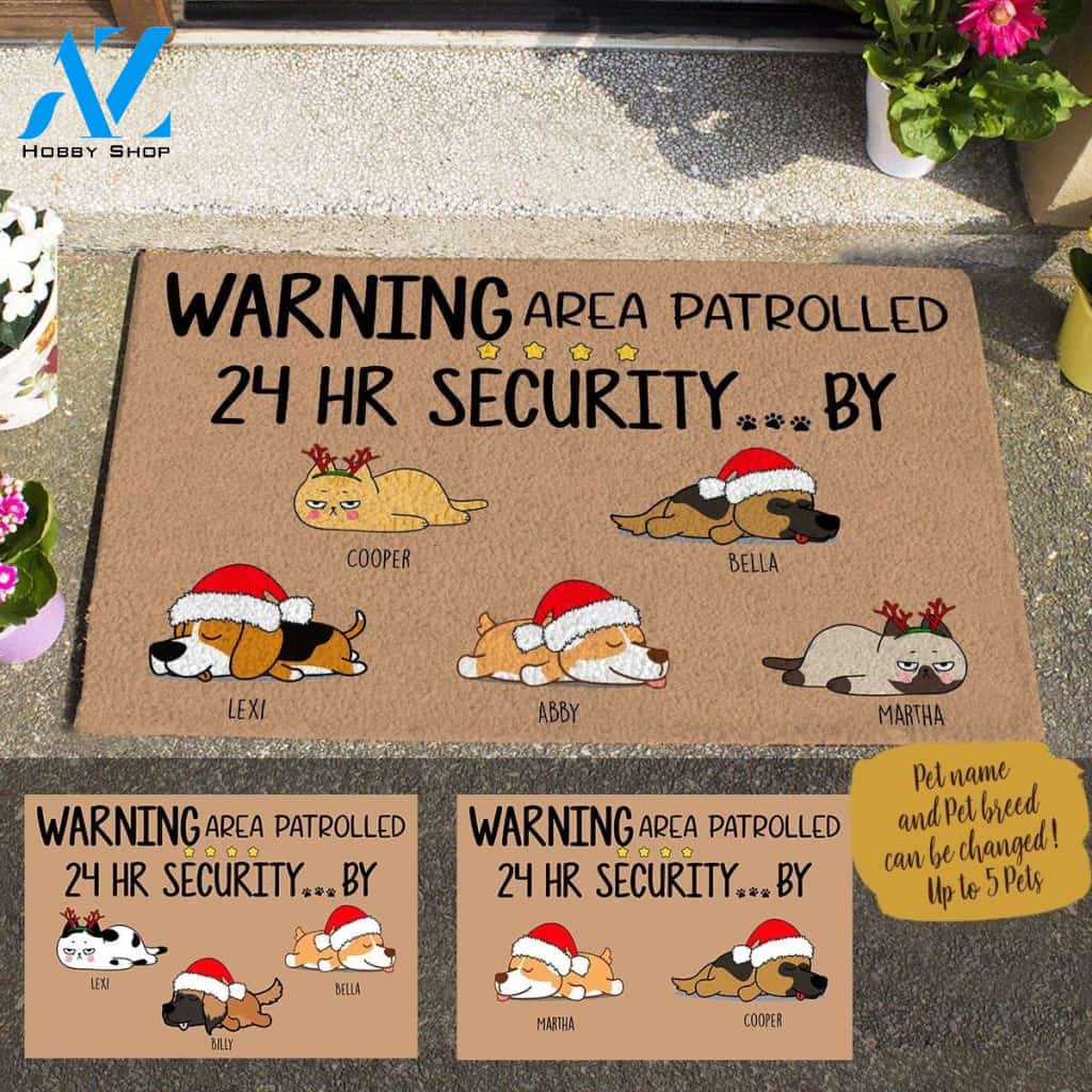 Xmas Sleeping Dog And Lazy Cat , Warning Area Patrolled 24 Hr Security ... By Personalized Doormat Gift For Christmas HQ