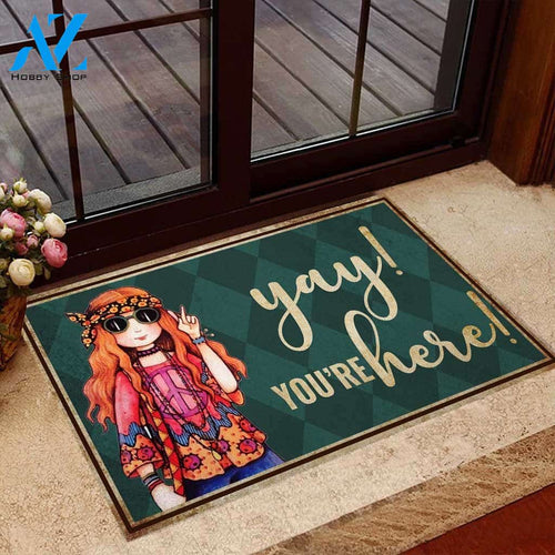 Yay you re here Hippie Printed Doormat Home Decor