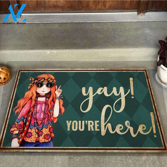 Yay You’re Here – Hippie Easy Clean Welcome DoorMat | Felt And Rubber | 40x60 cm | 45x75 cm | 60x90 cm | Colorful | DO1224