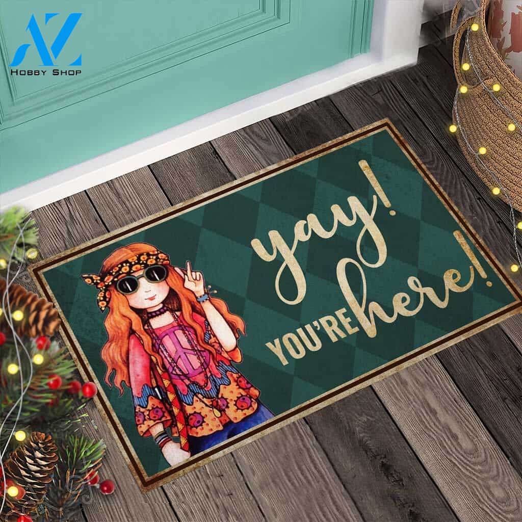 Yay You’re Here – Hippie Easy Clean Welcome DoorMat | Felt And Rubber | 40x60 cm | 45x75 cm | 60x90 cm | Colorful | DO1224