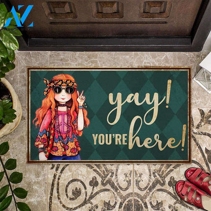 Yay You’re Here – Hippie Easy Clean Welcome DoorMat | Felt And Rubber | 40x60 cm | 45x75 cm | 60x90 cm | Colorful | DO1224