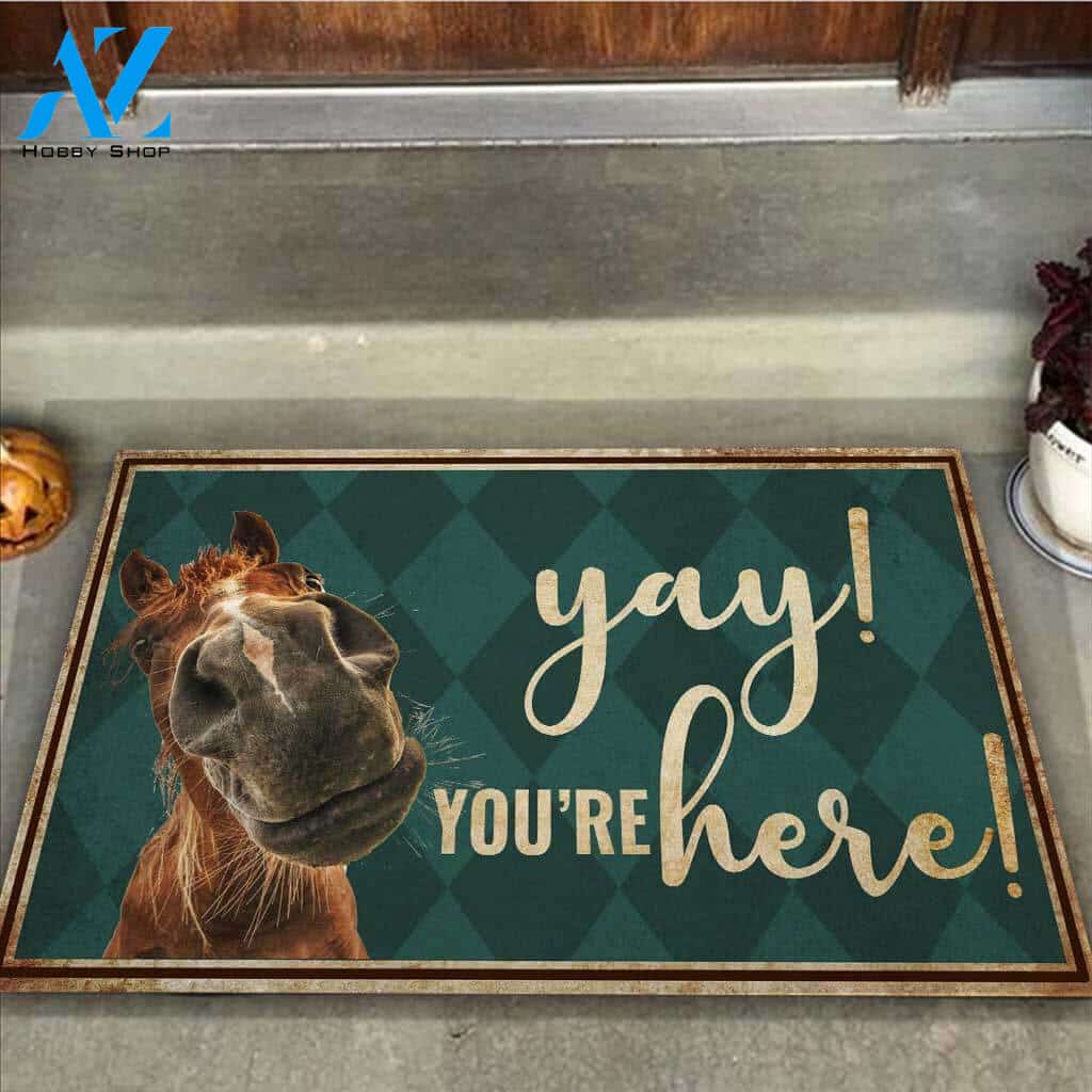 Yay You’re Here – Horse Easy Clean Welcome DoorMat | Felt And Rubber | 40x60 cm | 45x75 cm | 60x90 cm | Colorful | DO1222