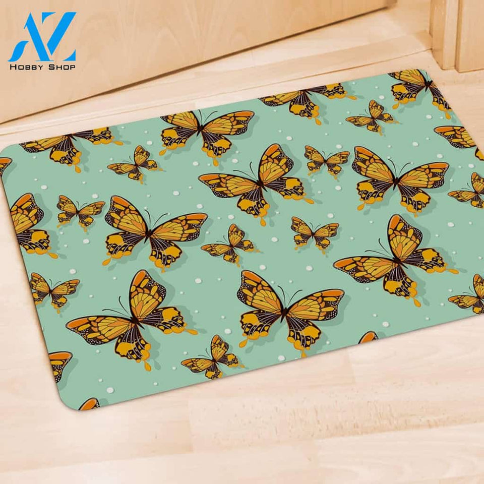 Yellow Butterfly Print Door Mat