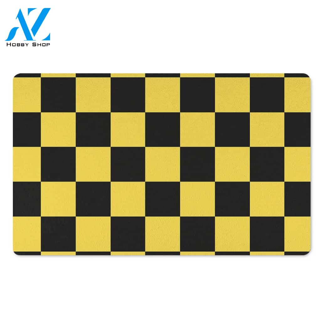 Yellow Checkered Print Door Mat