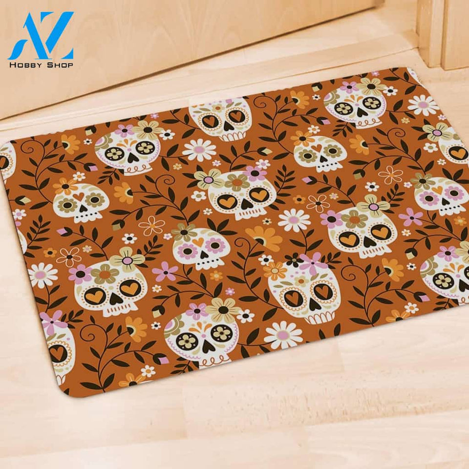 Yellow Sugar Skull Door Mat