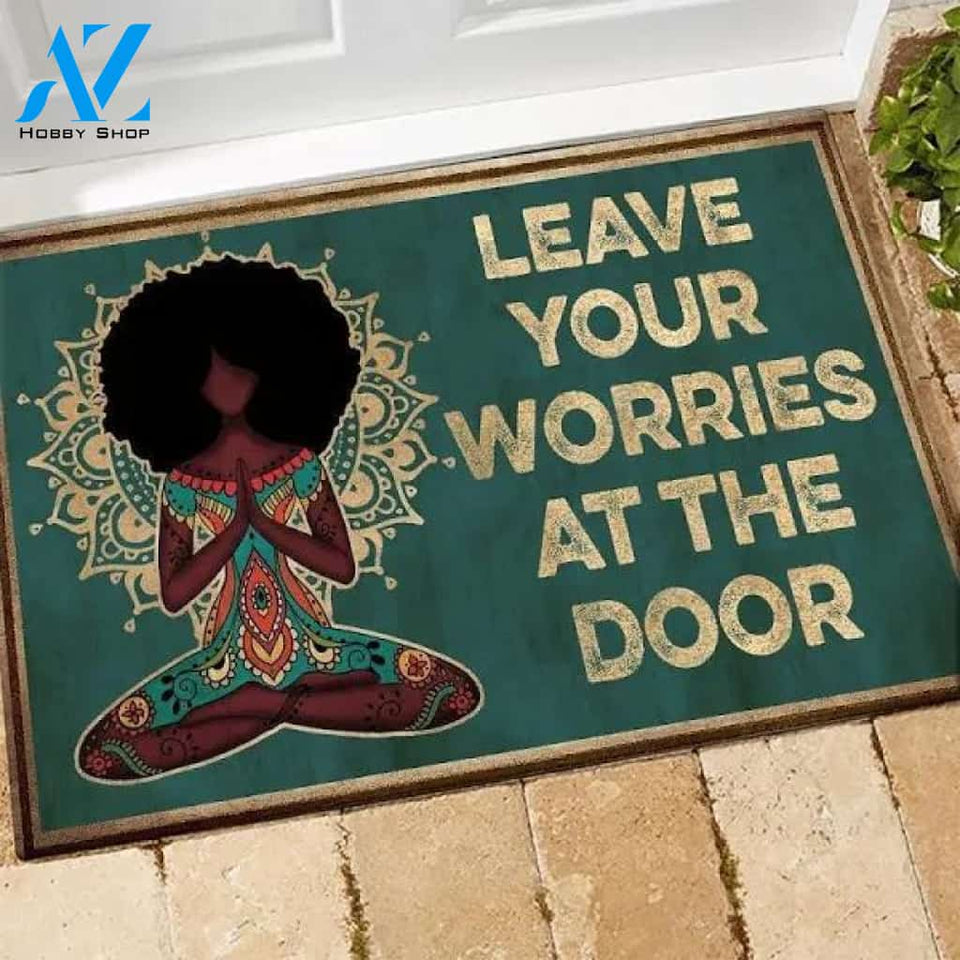Yoga Afro Girl Leave Your Worries At The Door Printed Doormat Home Decor