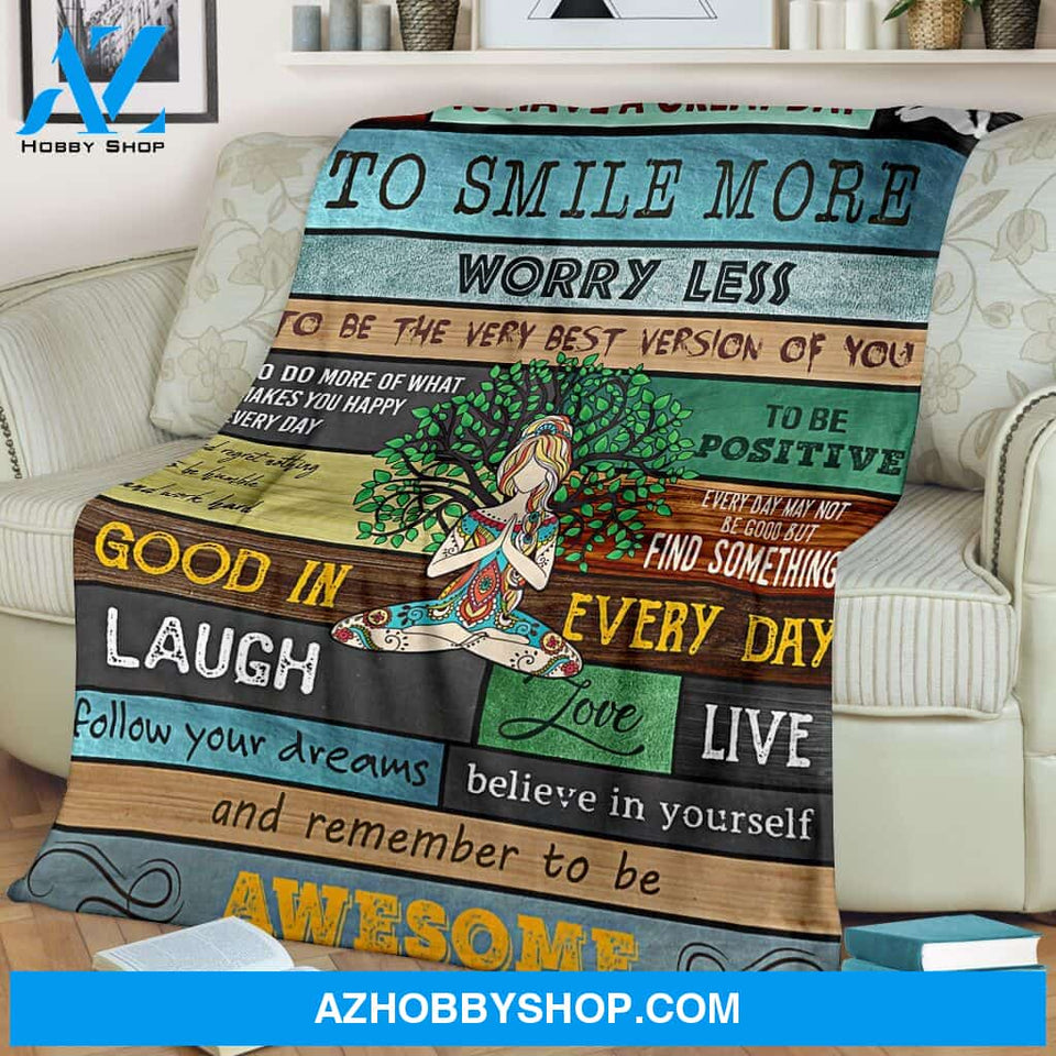 Yoga Smile More Worry Less Blanket Gift For Yoga Lovers Birthday Gift Home Decor Bedding Couch Sofa Soft and Comfy Cozy