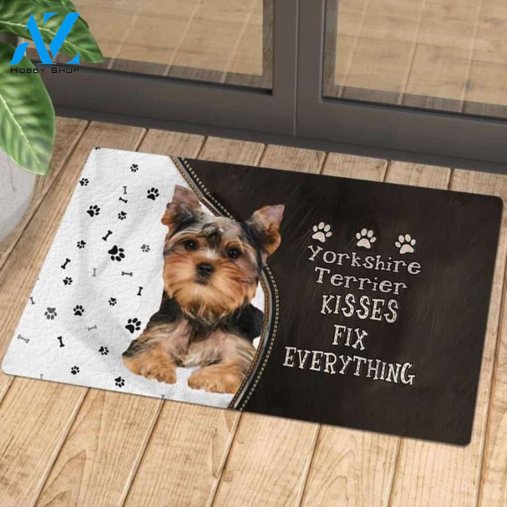 Yorkshire Terrier 2 Doormat, Kisses Fix Everything Doormat, Dog Welcome Mat, Funny Welcome Mats for Dogs Lovers