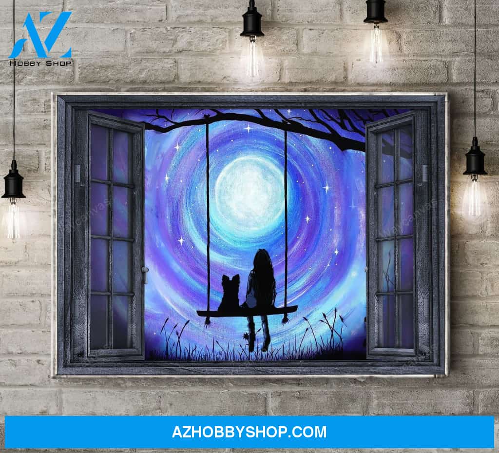 Yorkshire Terrier and a girl through the window - Landscape Canvas Prints - Wall Art