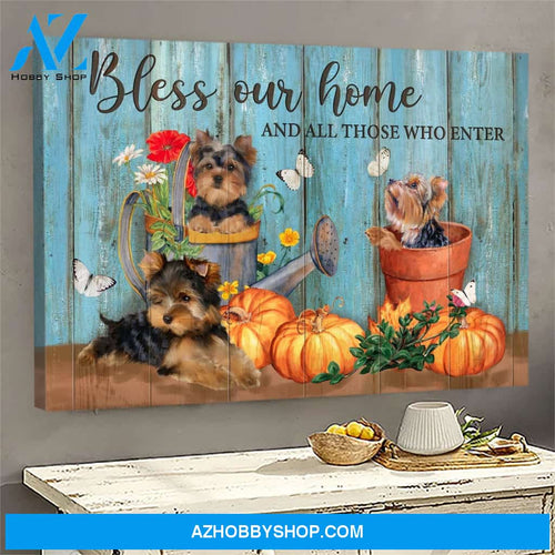 Yorkshire Terrier and pumpkin - Bless our home and all those who enter - Dog Landscape Canvas Prints, Wall Art