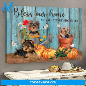 Yorkshire Terrier and pumpkin - Bless our home and all those who enter - Dog Landscape Canvas Prints, Wall Art