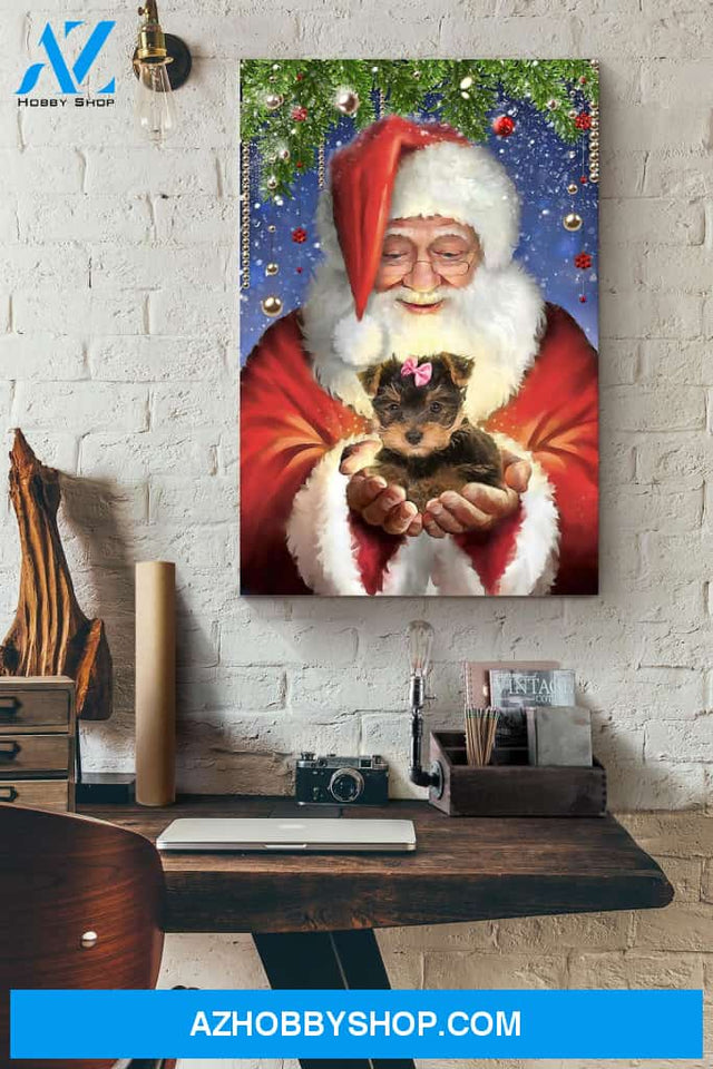 Yorkshire Terrier Cherish Santa Christmas Canvas And Poster, Wall Decor Visual Art