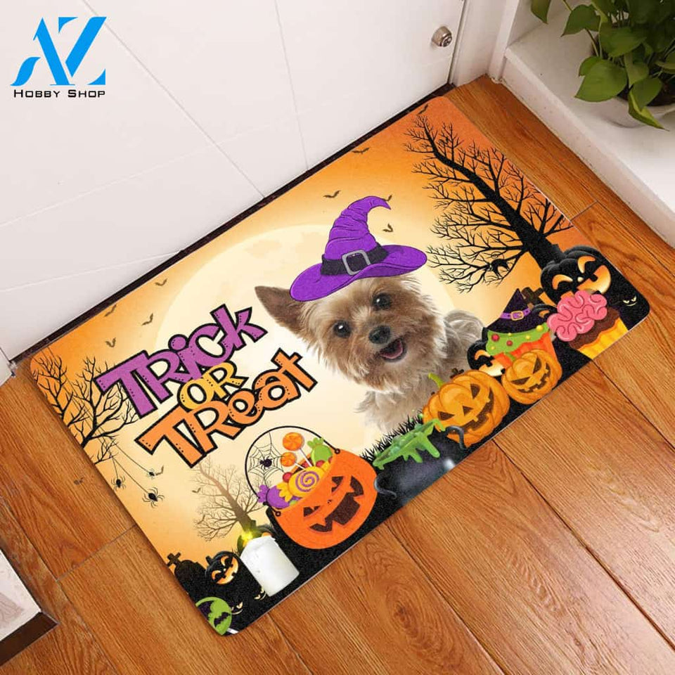 Yorkshire Terrier Halloween Trick Or Treat - Door Mat | Welcome Mat | House Warming Gift