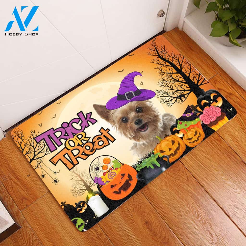 Yorkshire Terrier Halloween Trick Or Treat - Door Mat | Welcome Mat | House Warming Gift
