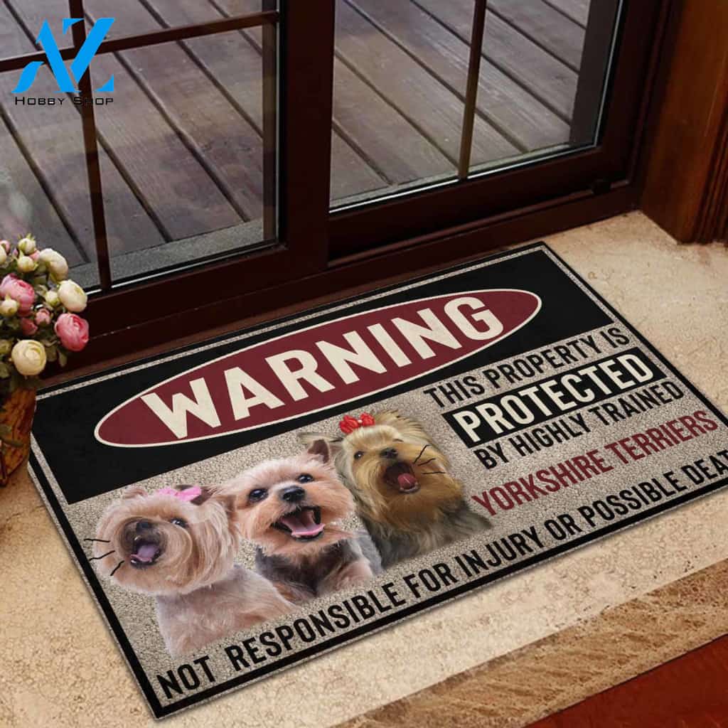 Yorkshire Terrier Highly Trained Warning Rubber Base Doormat | Welcome Mat | House Warming Gift