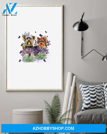 Yorkshire Terrier with lavender flower poster