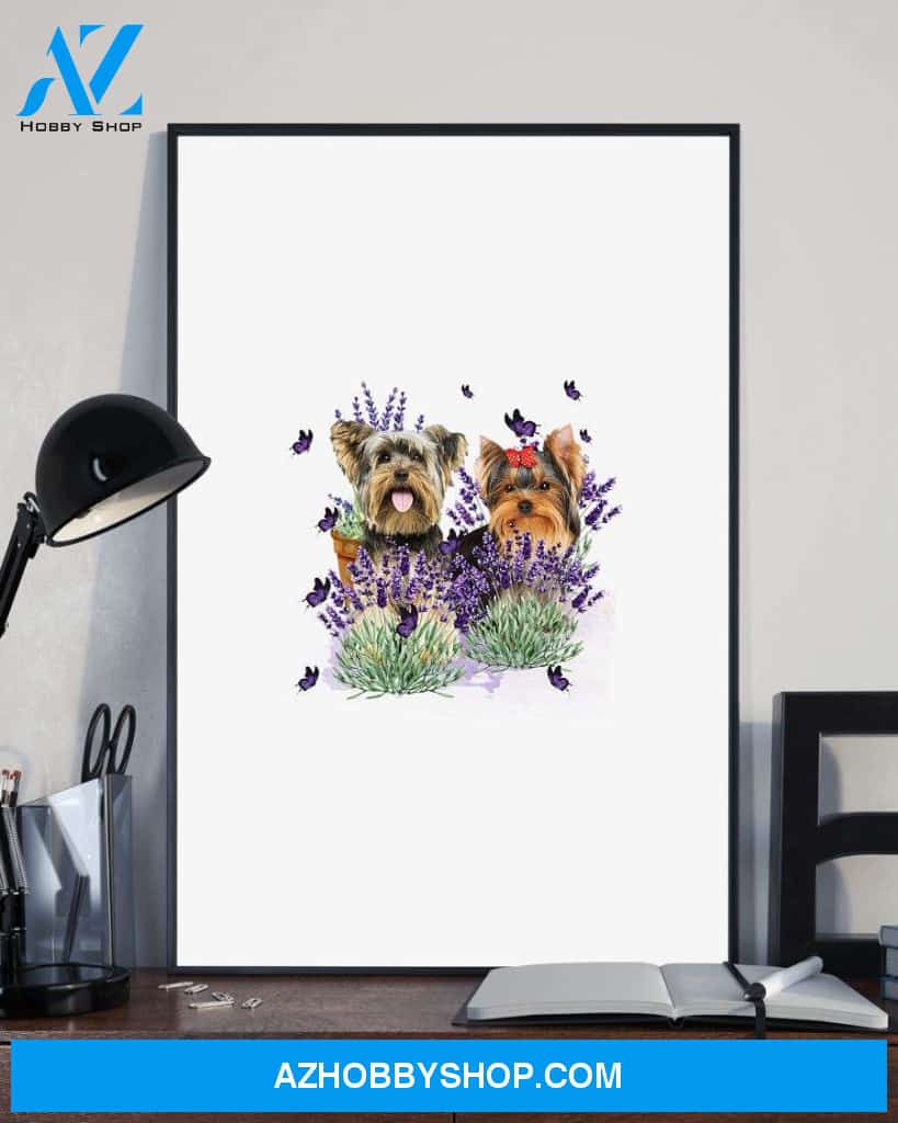 Yorkshire Terrier with lavender flower poster