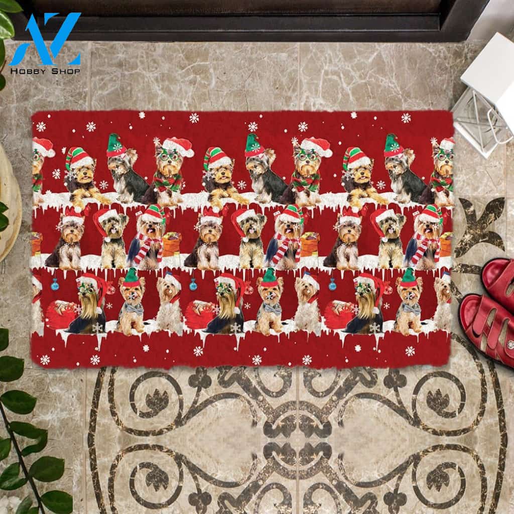 Yorkshire Terrier Yorkie Snow Merry Christmas Doormat
