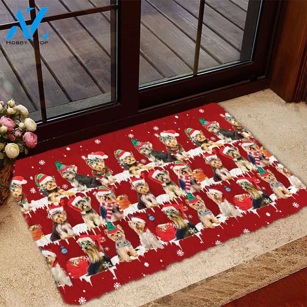 Yorkshire Terrier Yorkie Snow Merry Christmas Doormat