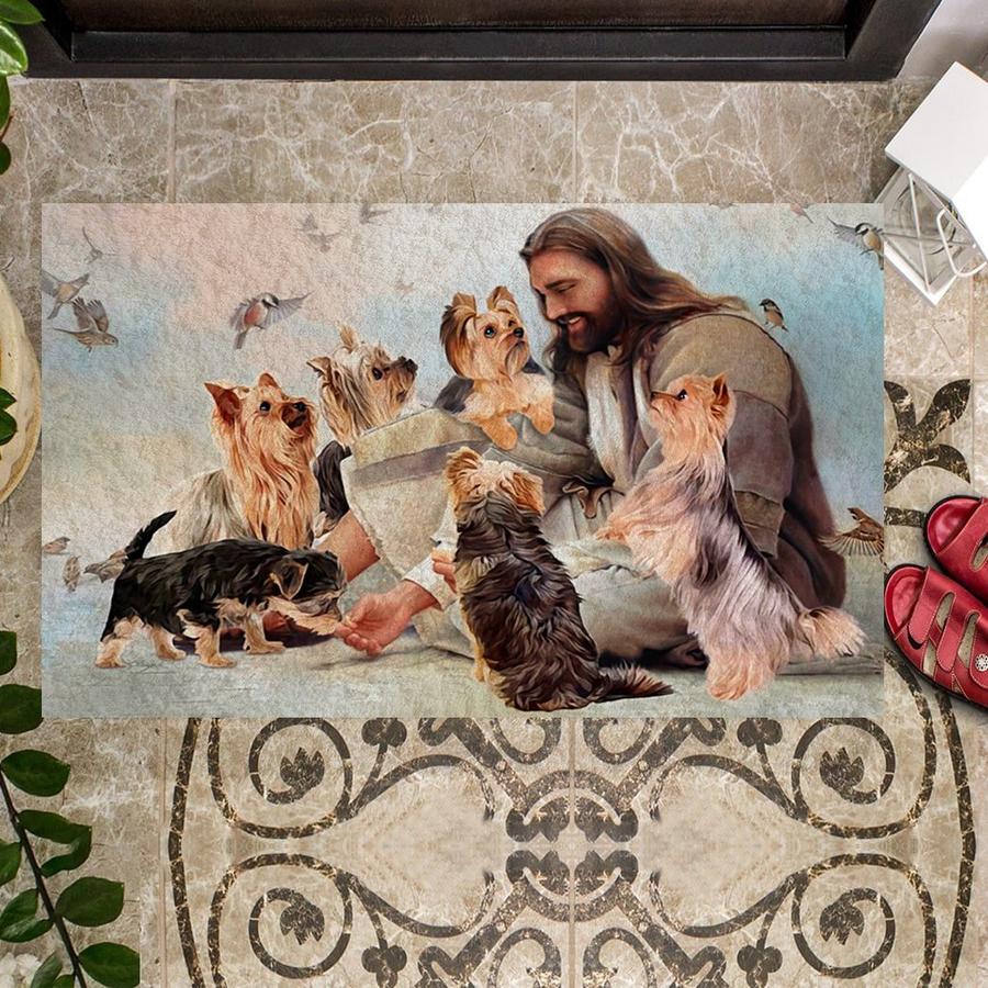Jesus Surrounded By Yorkshire Terriers Doormat