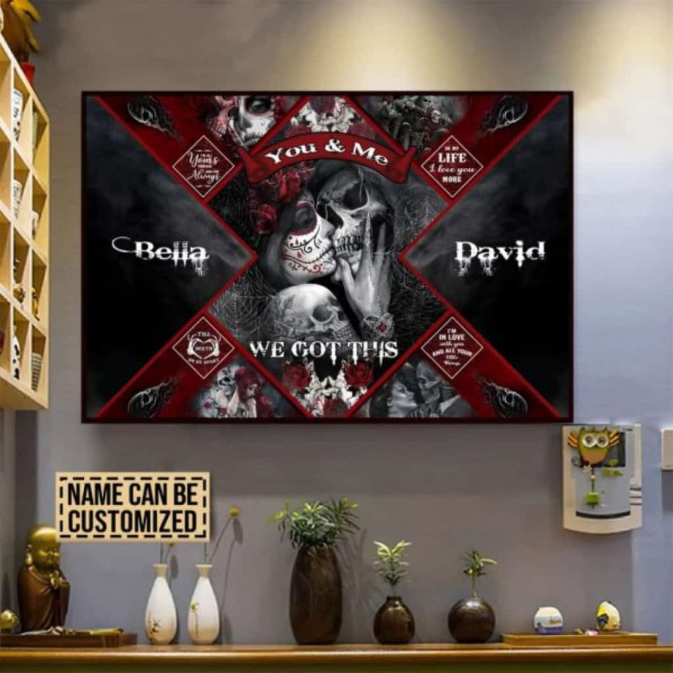 You And Me - Custom Personalized Names Gothic Skull Roses Matte Canvas 18X12 Inches Canvass