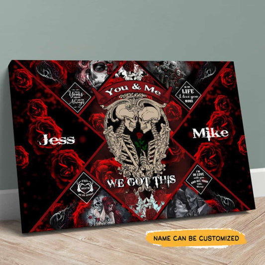 You And Me - Skull Couple Giving Roses And Hugging Wedding Anniversary Personalized Canvas Wall Art Gift