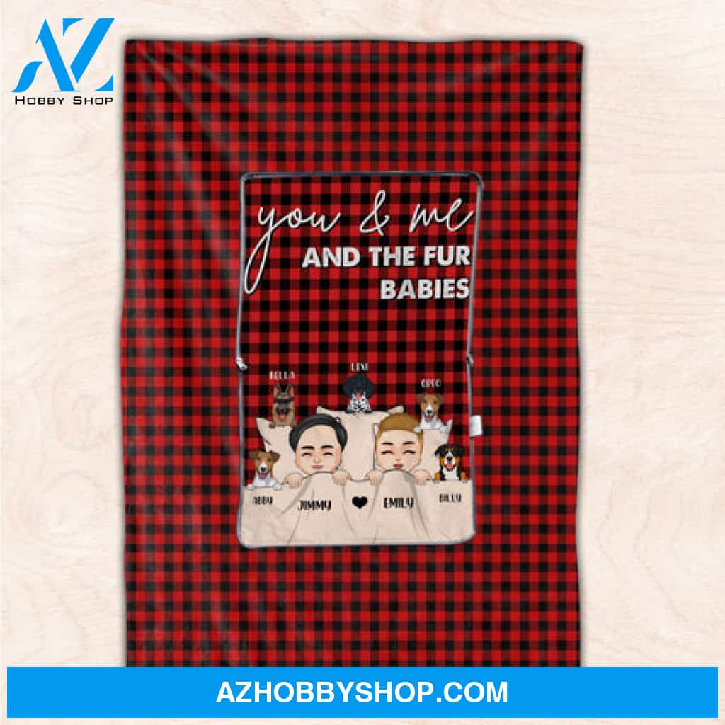 You And Me And The Fur Babies, Chibi Couple - Personalized Pillow Blanket - Gift For Dog Lover