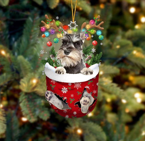 GREY Miniature Schnauzer In Snow Pocket Christmas Ornament