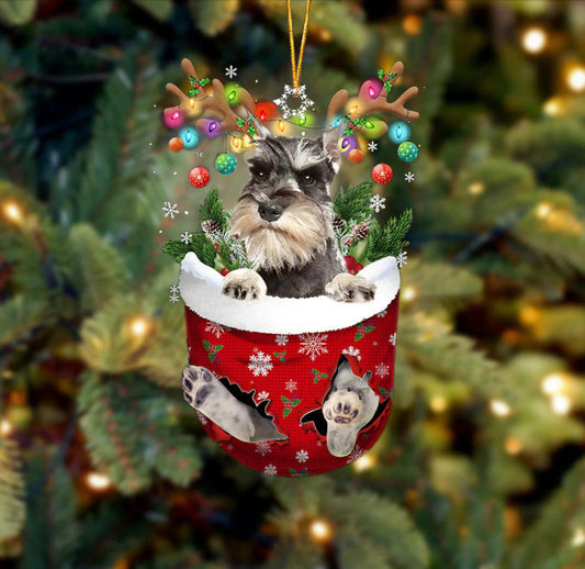 GREY Miniature Schnauzer In Snow Pocket Christmas Ornament