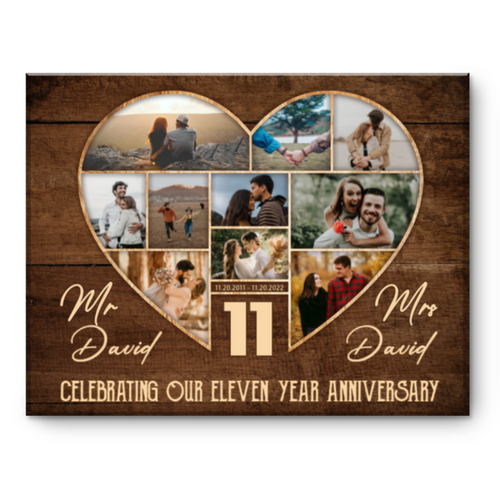 11th Wedding Anniversary Present, Gift For 11th Anniversary, Heart Shape Photo Collage