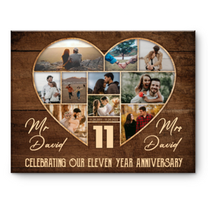 11th Wedding Anniversary Present, Gift For 11th Anniversary, Heart Shape Photo Collage