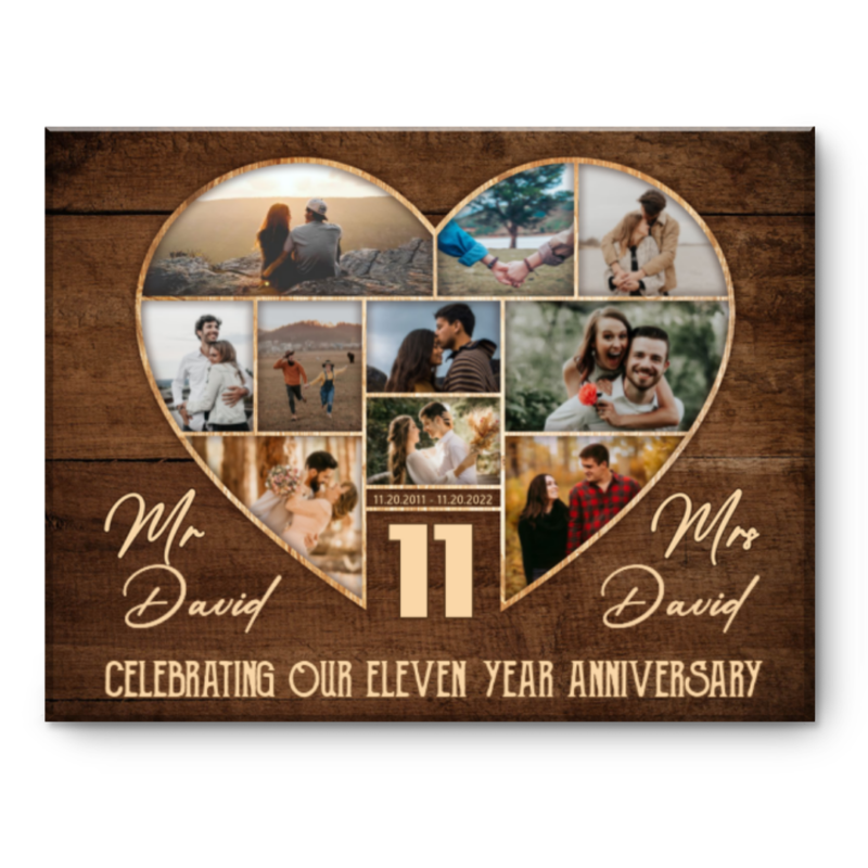 11th Wedding Anniversary Present, Gift For 11th Anniversary, Heart Shape Photo Collage