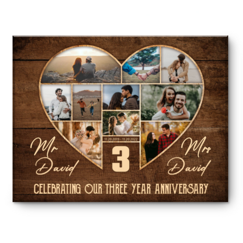 3rd Wedding Anniversary Present, Gift For 3rd Anniversary, Heart Shape Photo Collage