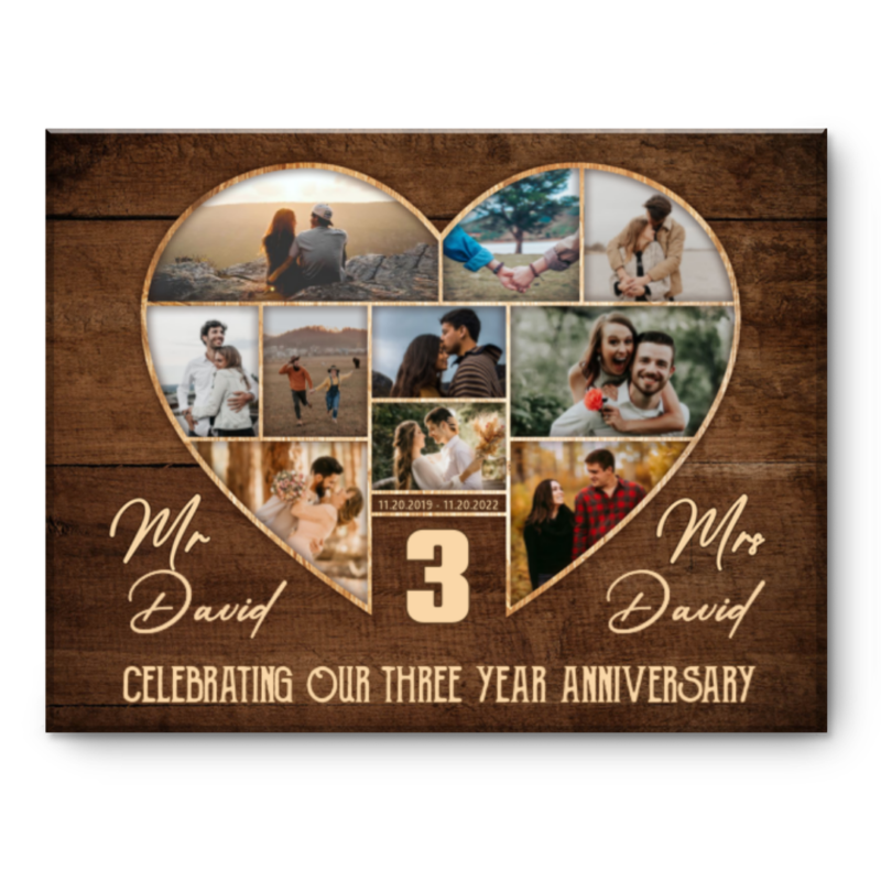3rd Wedding Anniversary Present, Gift For 3rd Anniversary, Heart Shape Photo Collage