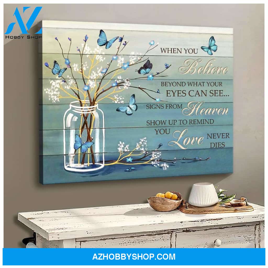 Zalooo When You Believe Blue Flowers Butterfly Canvas Wall Art Decor